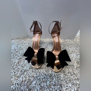 Ted Baker Rose Gold Metallic Heeled Sandals with Black Bows